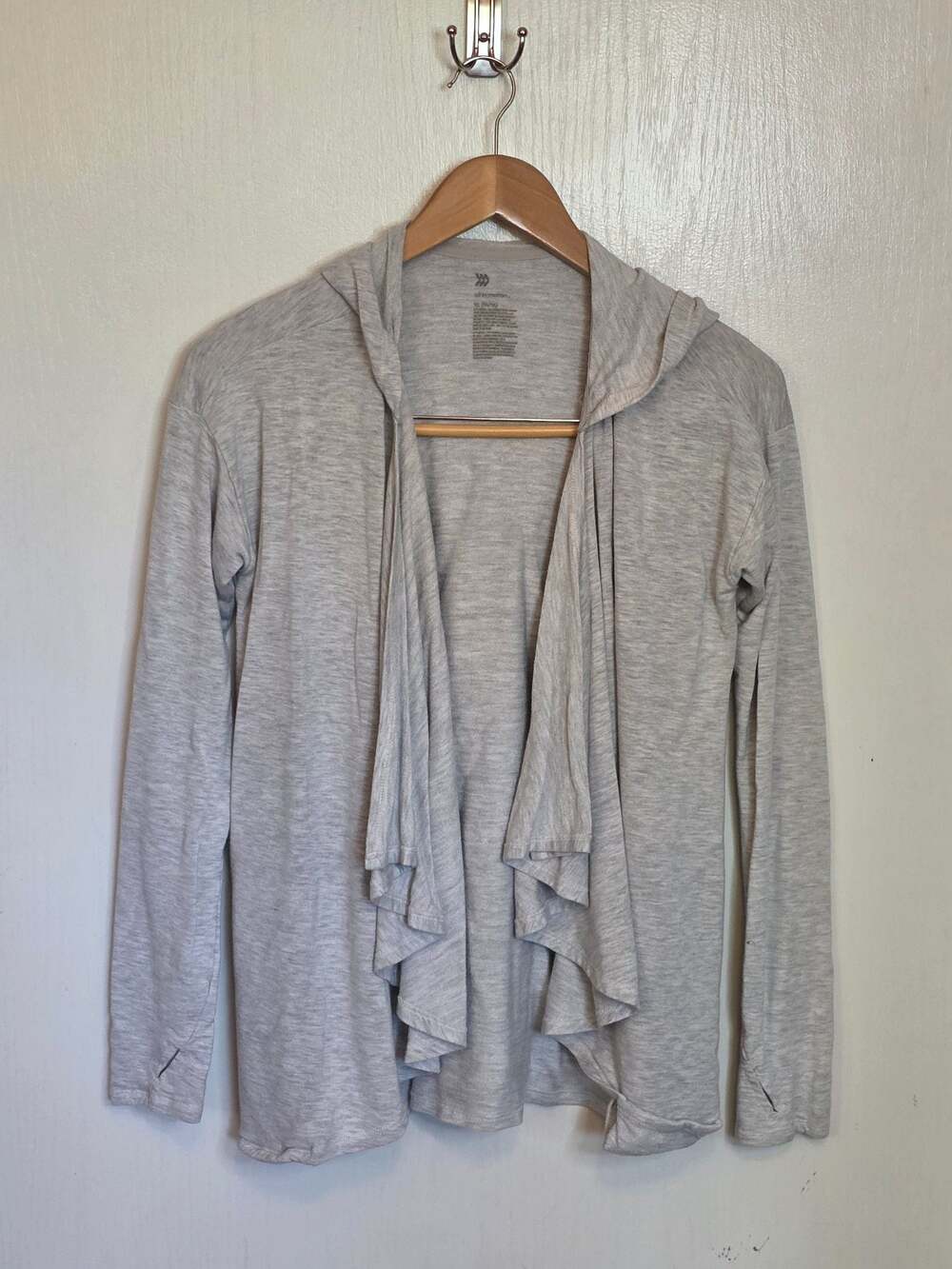 All in Motion Women's Heathered Gray Open Front Draped Cardigan with Hood and Th